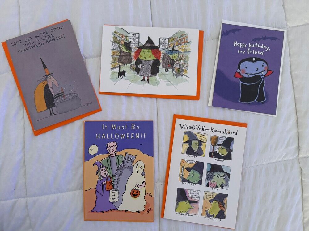 Lot of 5 Happy Halloween Greeting Cards Witch Ghost Vampire Birthday